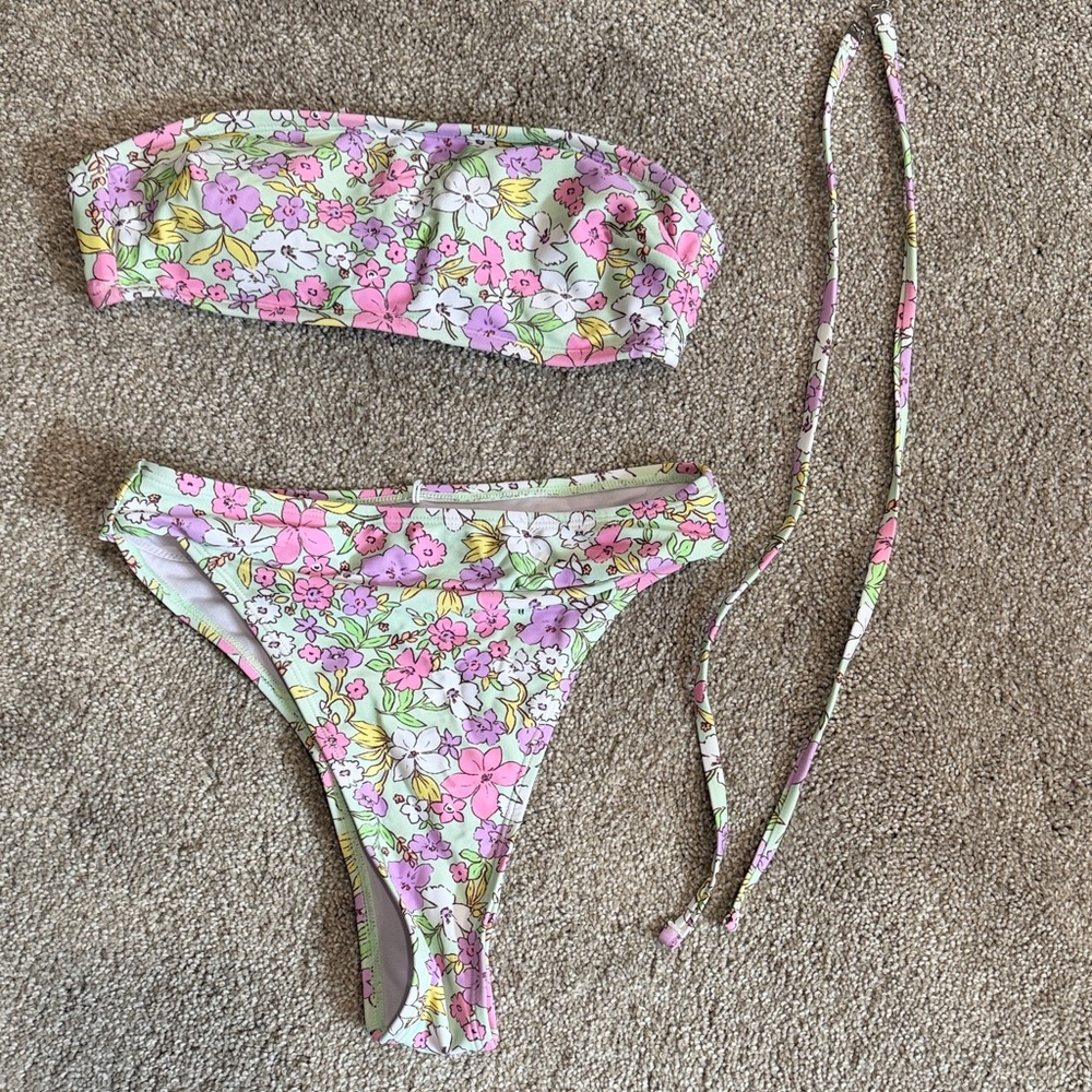Floral Bandeau Bikini Set in Pastel Pink & Green